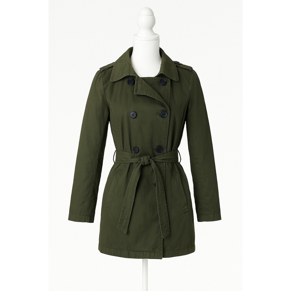 Forever 21 Women's Army Green Trench Coat‎ Size Small Belted Double Breasted